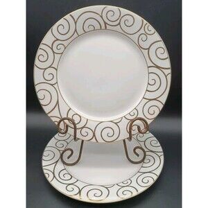 Pier One Imports Gold Swirl Dinner Plates (2) Christmas Holiday
